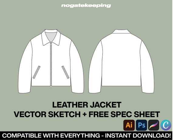 Fashion Streetwear Outerwear Leather Jacket Sketch Mockup Template Vector + Free Spec Sheet Template Canva ProCreate Illustrator