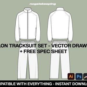 Op de afbeelding: Een witte nylon trainingspak met een ritsjack en bijpassende broek. De set wordt getoond in een flatlay-stijl met het jack en de broek naast elkaar gelegd. De afbeelding bevat de tekst "NYLON TRACKSUIT SET - VECTOR DRAWING + FREE SPEC SHEET" en "COMPATIBLE WITH EVERYTHING - INSTANT DOWNLOAD!" samen met pictogrammen voor Adobe Illustrator, Photoshop, Procreate en PDF.