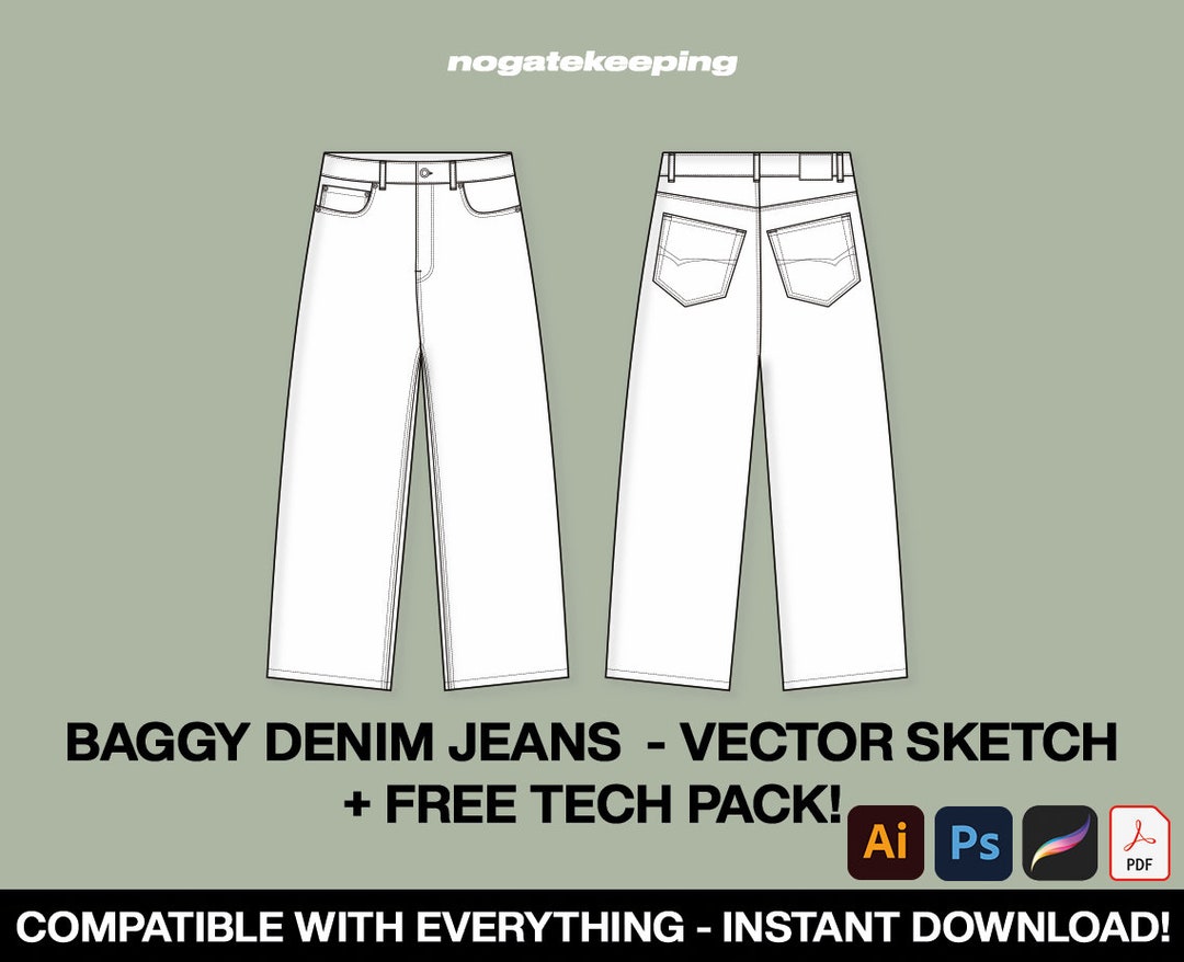 Streetwear Baggy Oversized Denim Jeans Fashion Sketch Mockup Template ...