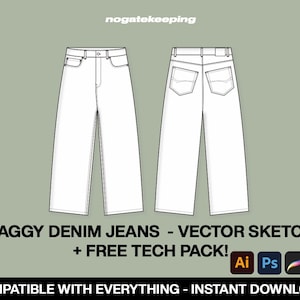 Streetwear Baggy Oversized Denim Jeans Fashion Sketch Mockup Template Vector Tech Pack Photoshop Illustrator ProCreate Instant Download