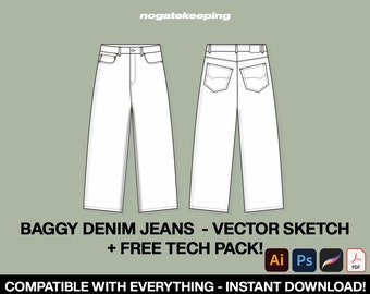 Streetwear Baggy Jeans de mezclilla de gran tamaño Plantilla de maqueta de boceto de moda Vector Tech Pack Photoshop Illustrator ProCreate Descarga instantánea