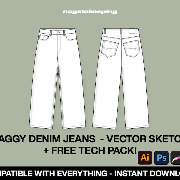 Streetwear Baggy Oversized Denim Jeans Fashion Sketch Mockup Template Vector Tech Pack Photoshop Illustrator ProCreate Instant Download