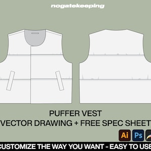 Fashion Streetwear Outerwear Puffer Vest Fashion Sketch Vector Mock Up + Free Spec Sheet Template Mock Up Photoshop Illustrator ProCreate