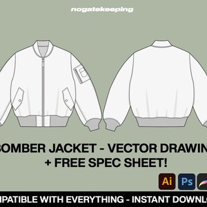 May include: A white bomber jacket vector drawing with a front and back view. The drawing includes details like a zipper, pockets, and ribbed cuffs and hem. The text "BOMBER JACKET - VECTOR DRAWING + FREE SPEC SHEET!" is at the bottom of the image. The text "COMPATIBLE WITH EVERYTHING - INSTANT DOWNLOAD!" is at the bottom of the image. The text "Ai Ps PDF" is at the bottom of the image.