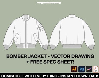 Fashion Streetwear Outerwear Bomber Jacket Fashion Sketch Vector Mock Up + Free Spec Sheet Template Mock Up Photoshop Illustrator ProCreate