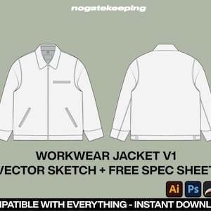 Illustration vectorielle de modèle de maquette de croquis de mode streetwear, vêtements de travail et veste de travail, + modèle de fiche technique gratuit, maquette de croquis de vecteur