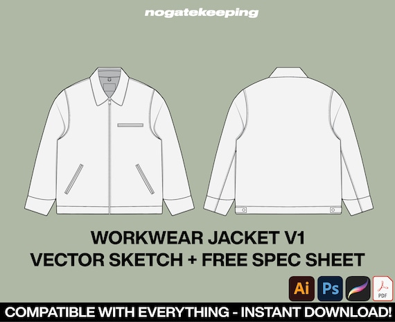 Fashion Streetwear Outerwear Workwear Jacket V1 Fashion Sketch Mockup Template Vector + Free Spec Sheet Template Vector Sketch Mock Up