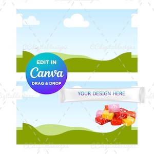 Puede incluir: Un diseño imprimible para un envoltorio de caramelos Starburst con un cielo azul con nubes blancas, colinas verdes y un rectángulo blanco con el texto "YOUR DESIGN HERE". El diseño también incluye un montón de caramelos Starburst en rojo, naranja, amarillo y rosa.