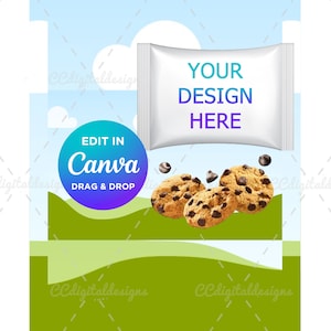 May include: A mock-up of a snack bag with the text "YOUR DESIGN HERE" on a white background. The bag is surrounded by chocolate chip cookies on a green grassy background with a blue sky. The text "EDIT IN Canva DRAG & DROP" is on a circle with a blue and purple gradient.