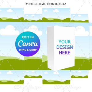 May include: A white cereal box mockup with a green and blue landscape design. The text "EDIT IN Canva DRAG & DROP" and "YOUR DESIGN HERE" is on the box. The box is 0.95 ounces.