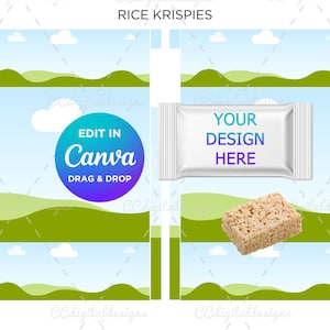 May include: Printable Rice Krispies box template with a green and blue landscape background. The box has a white area for adding a design and the text "Edit in Canva Drag & Drop". The box also has a white area for adding a design and the text "Your Design Here".