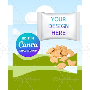 May include: A mockup of a mini animal cracker box with a white background and a blue sky with clouds. The box is labelled "MINI ANIMAL CRACKERS" and has a white pouch with the text "YOUR DESIGN HERE". The pouch is sitting on top of a pile of animal crackers. The text "EDIT IN Canva DRAG & DROP" is in a circle with a blue and purple gradient.