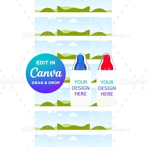 Könnte beinhalten: Druckbares Babyflaschen-Pop-Spiel mit einem blauen und roten Flaschendesign. Das Spiel zeigt einen grünen Hügel und einen blauen Himmel als Hintergrund. Der Text "Edit in Canva Drag & Drop" befindet sich auf dem Spiel. Der Text "Your Design Here" befindet sich auf jeder Flasche.