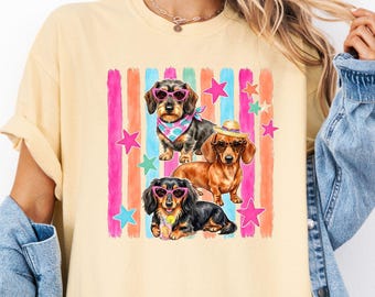 Preppy Summer Stripe Dachshund Shirt,Bright and Colorful Doxie Tee,Weiner Dog Lover T-shirt,Dachshund Mom tShirt