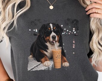 Funny Bernese Mountain Dog Drinking An Iced Coffee Shirt,Berner Gift,Bernese Mountain Dog T-Shirt,Comfort Colors,Berner mom tshirt