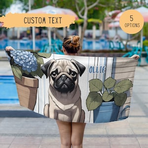Toalla de playa de carlino personalizada, Toalla de piscina de carlino personalizada, Regalo de propietario de pug, Regalo de mamá pug, Regalo de papá pug, Amante de pug, Regalo de pug lindo, Regalo de pug, Perro pug
