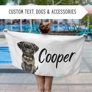 Toalla de playa personalizada de Pug, toalla de piscina de Pug personalizada, regalo del propietario de Pug, regalo de mamá Pug, regalo de papá Pug, amante de Pug, regalo de Pug, perro Pug, lindo regalo de Pug