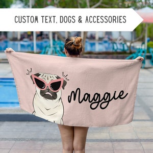 Toalla de playa personalizada de Pug, toalla de piscina de Pug personalizada, regalo del propietario de Pug, regalo de mamá Pug, regalo de papá Pug, amante de Pug, regalo de Pug, perro Pug, lindo regalo de Pug