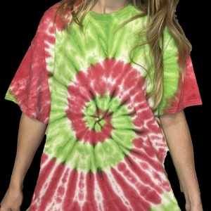 Adult unisex spiral Christmas tie dye tshirt, green and red, spiral, Christmas, holidays, joy, festive tie dye, merry tie dye