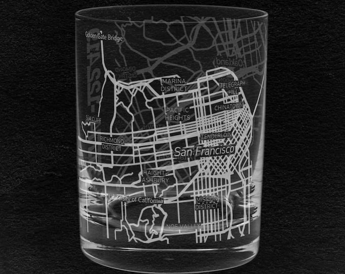 San Francisco City Map Rocks Glass | Engraved Whiskey Glass | Etched Scotch Glasses | by FineBruh