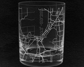 Madison WI City Map Rocks Glass | Engraved Whiskey Glass | Etched Scotch Glasses | by FineBruh