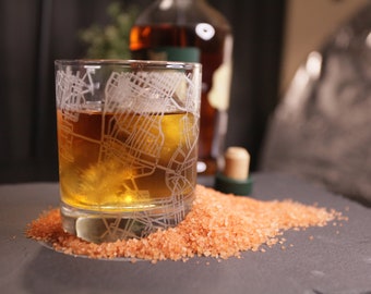 Custom Map Whiskey Glasses + Optional Melt Gold | 100% Self Serve | Etched Rocks Glasses | Self-Crop Map Maker Tool | City / Elevation Map