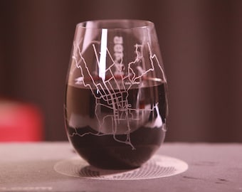 Custom Map Etched Stemless Crystal | Wine Glass  | Self-Crop City / Elevation Map