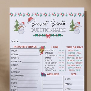 Bearbeitbarer geheimer Weihnachtsfragebogen zum ausdrucken, geheime Weihnachtsgeschenkbörse, Alles über mich-Umfrage, geheime Weihnachtsmann-Canva-Vorlage, Mitarbeitergeschenk