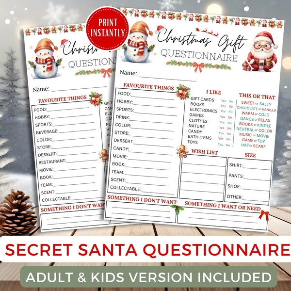 Printable Secret Santa Questionnaire for Christmas Gift Exchange | Secret Santa Form | Secret Santa for Work | Christmas Secret Santa PDF