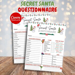 Druckbarer geheimer Weihnachtsfragebogen, geheime Weihnachtsgeschenkbörse, Alles über mich für Erwachsene und Kinder, geheime Weihnachtsfragen, bearbeitbar