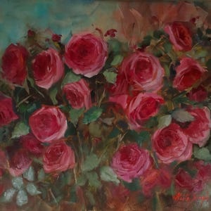 Large Pink Roses Oil Painting: Impressionistic Floral Art, 24x30