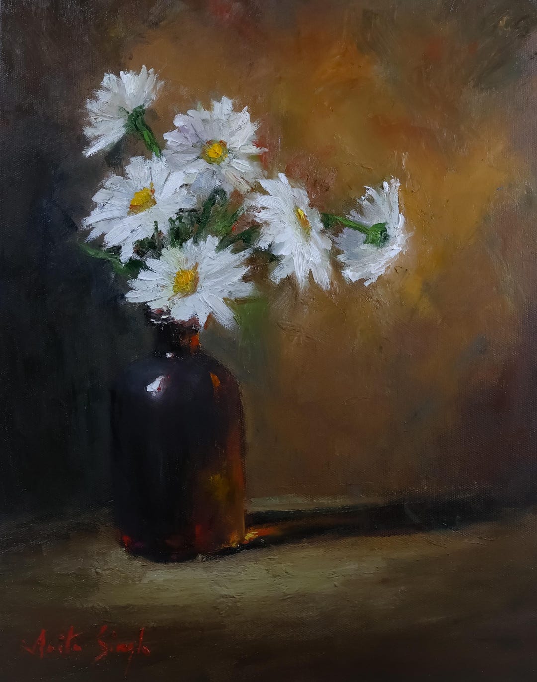 Daisy in Amber Glass Large Oil Painting: Rustic Floral Still Life Art ...