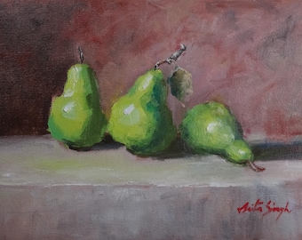 May include: Oil painting of three green pears on a neutral surface against a muted red background. One pear has a bite taken out of it. The artist's signature is in the bottom right corner.