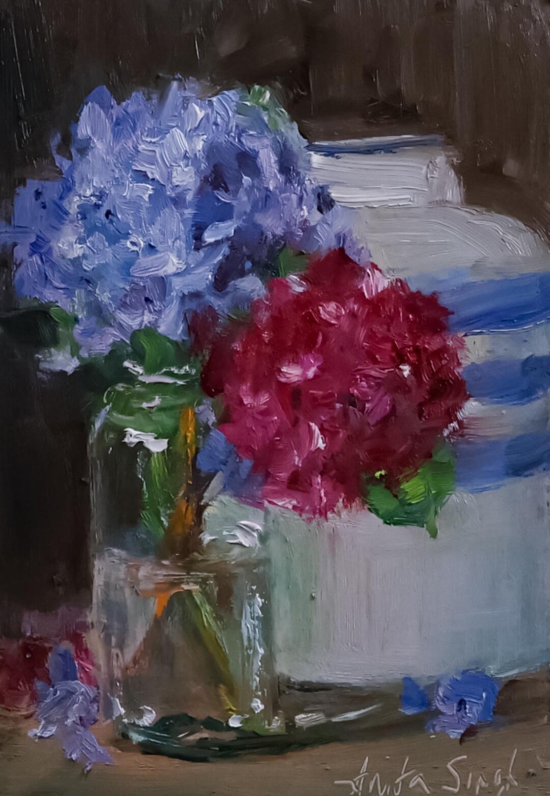 Hydrangeas and Ginger Jar Still Life Oil Painting, Coastal Beach House ...