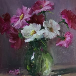 コスモス油絵：メイソンジャーに入った花の静物画、カントリースタイル