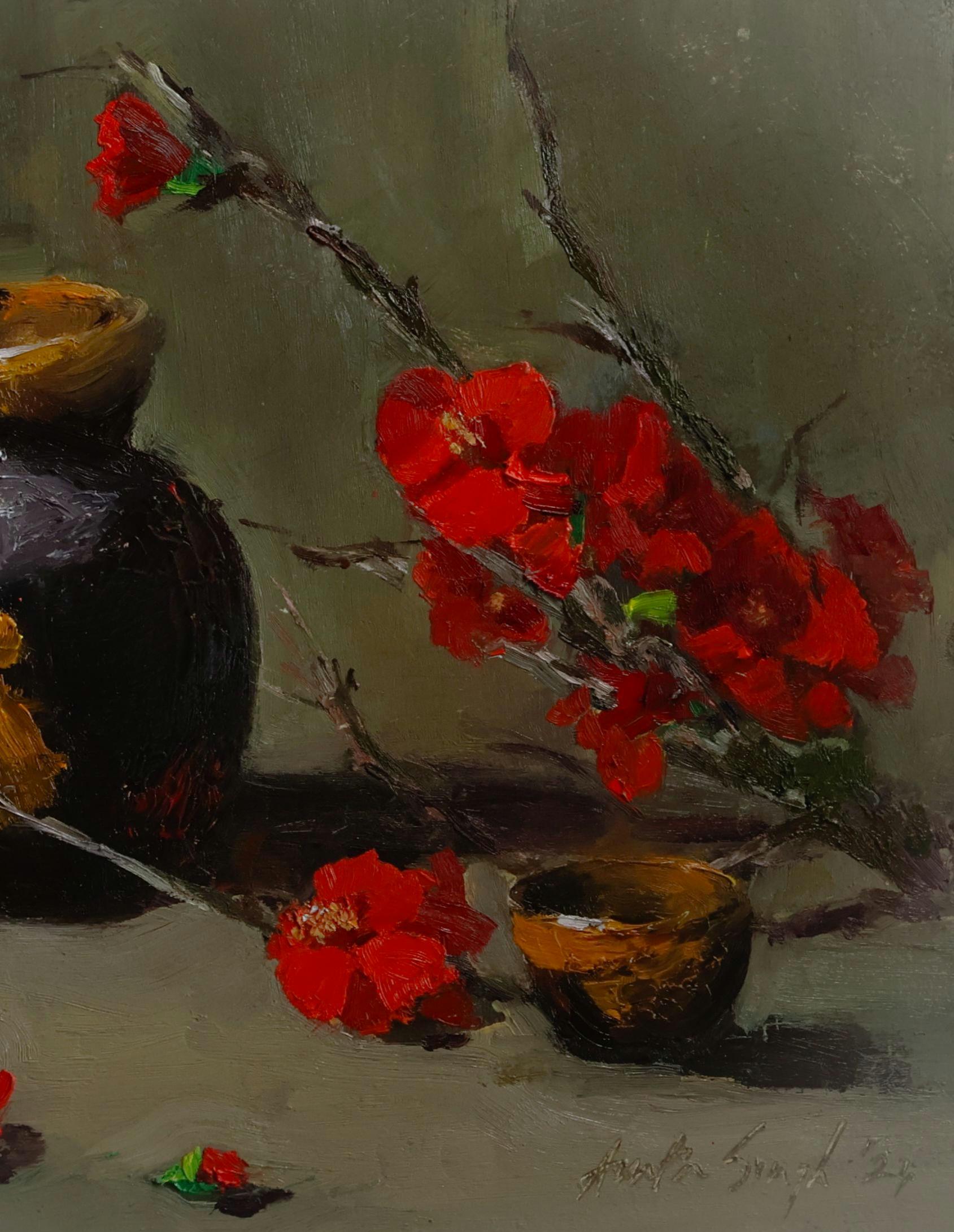 Quince Flower and Sake Jar Oil Painting: Oriental Style Framed Art