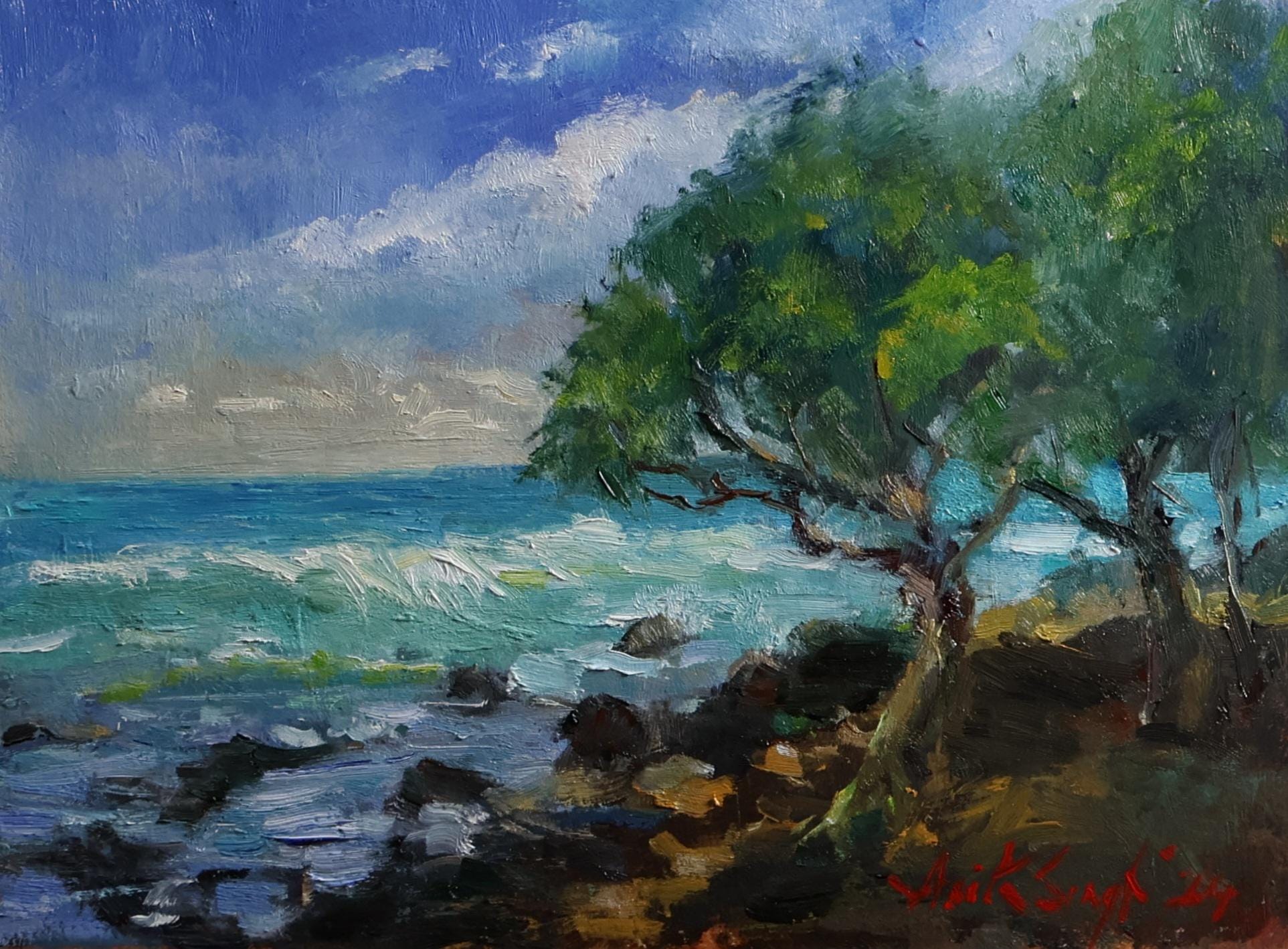Ocean Blue Landscape Oil Painting: Shabby Chic Coastal Decor (6x8 inch)