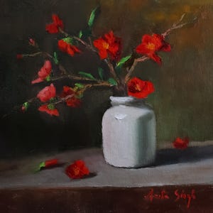 油絵「マスタード瓶に入ったマルメロの花」、10 x 10インチ、未張りキャンバスアート