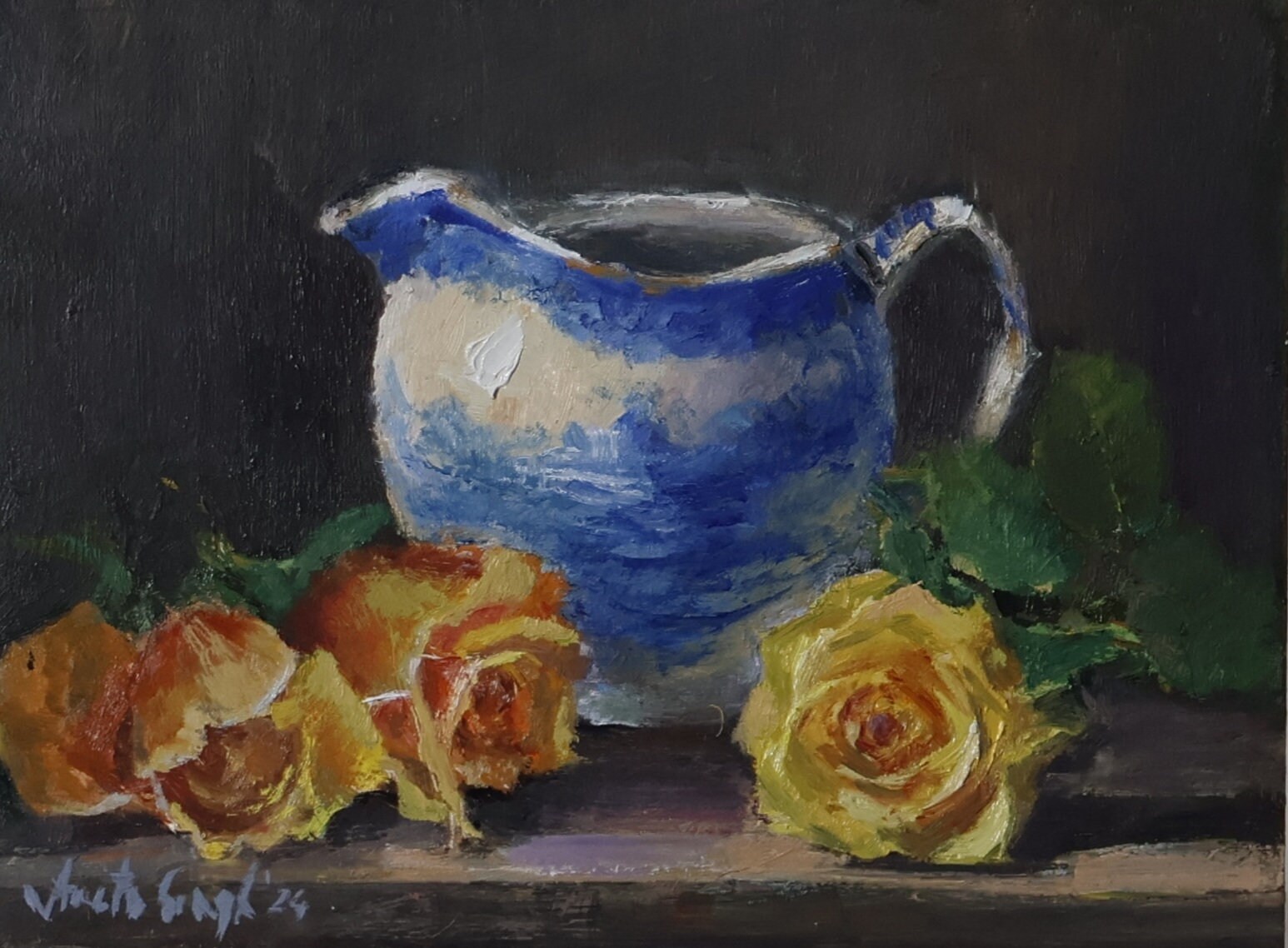 油彩画 黄色のバラ 青い花瓶 黄色いバラの静物油絵：デルフトブルーの花瓶、キッチンアート