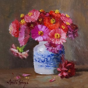 ピンクの百日草の油絵：フランスの陶器の静物画、田舎風の暮らし