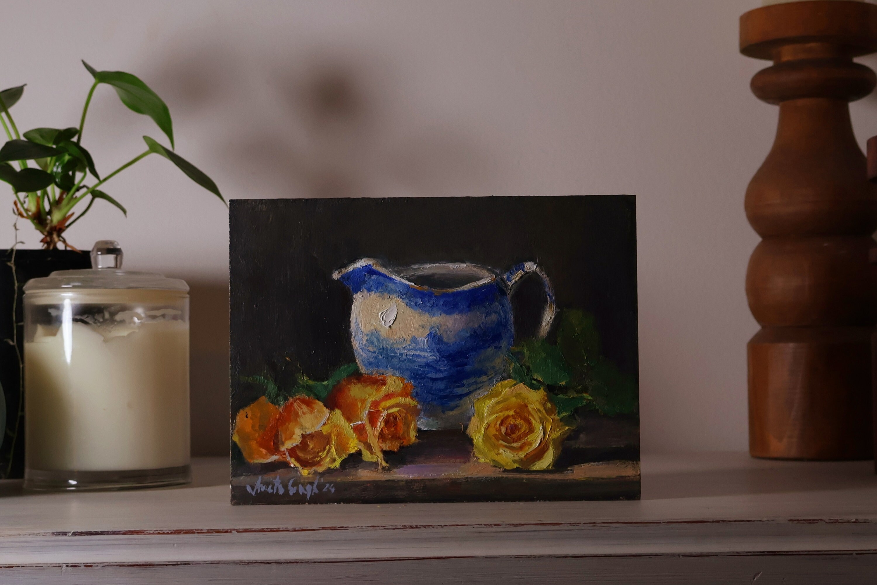 黄色いバラの静物油絵：デルフトブルーの花瓶、キッチンアート - Etsy 日本