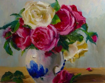 中国の花瓶に描かれたバラの油絵（額入り）｜壁に掛けて飾ることができ