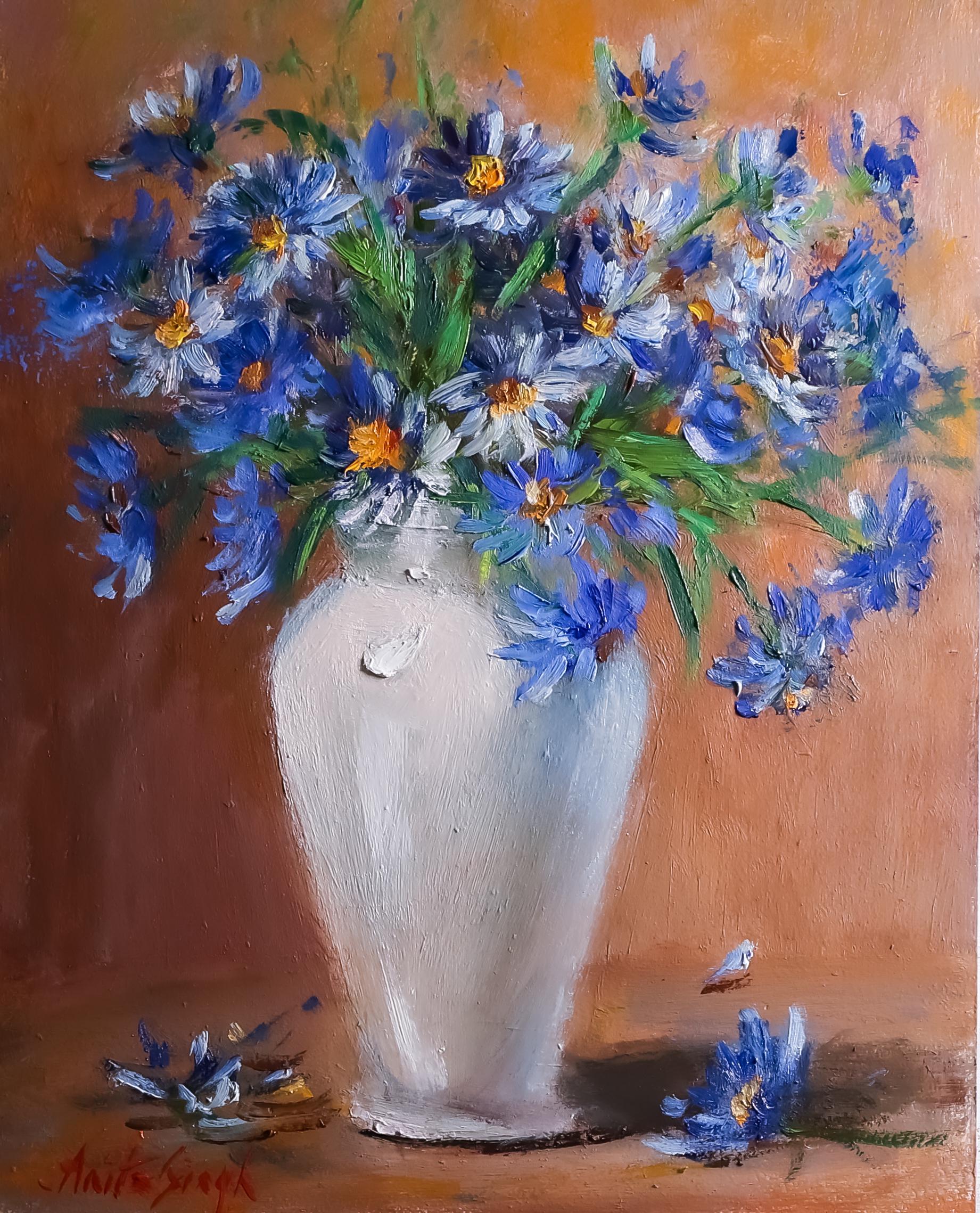 デイジーの油絵：陶器の花瓶に入った花の静物画 - Etsy 日本