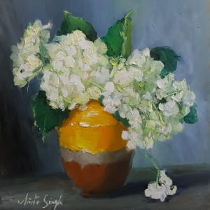 Hydrangeas and french confit pot, Handmade Oil Painting, Coastal country Home Decor