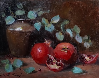 Pomegranates and rustic vase no 3: Still Life Kitchen Art (9x12" Unframed)