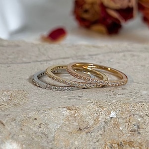 18K Gold French Thin Pavé Band, Line Diamond Ring, 3 Colors