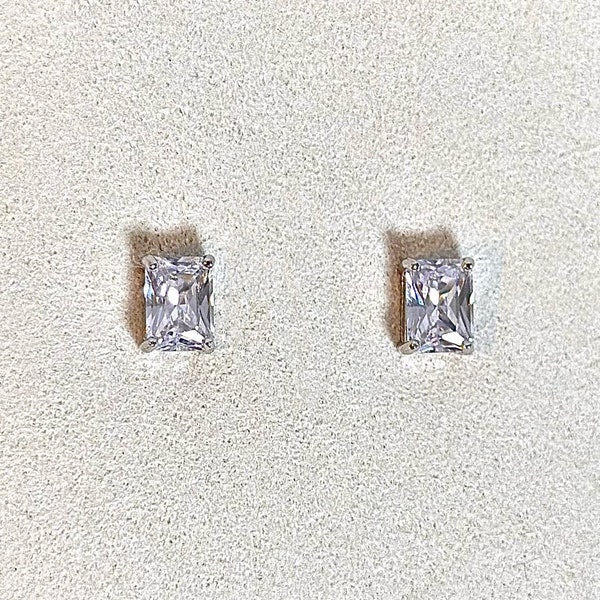 Romantic Four Prong Princess Cut 0.5ct. 4*6mm Rectangular Radiant Shape High Class Zircon Diamond Stud Earrings, Silver Color