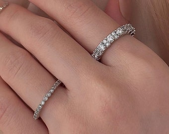 Classical Low Dome Eternity Ring & Bezel Set Zircon Diamond Ring, Silver Color, Adjustable-Size