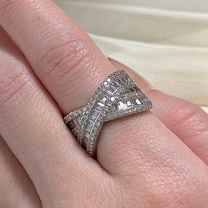 Baguette & Round Crossover Triple Row Zircon Diamond Fashion Ring, Silver Color, Adjustable-Size