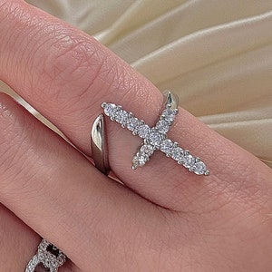 Diamant Kreuz Modering & Cuban Link Zirkon Diamant Ring, Silberfarbe, Größenverstellbar